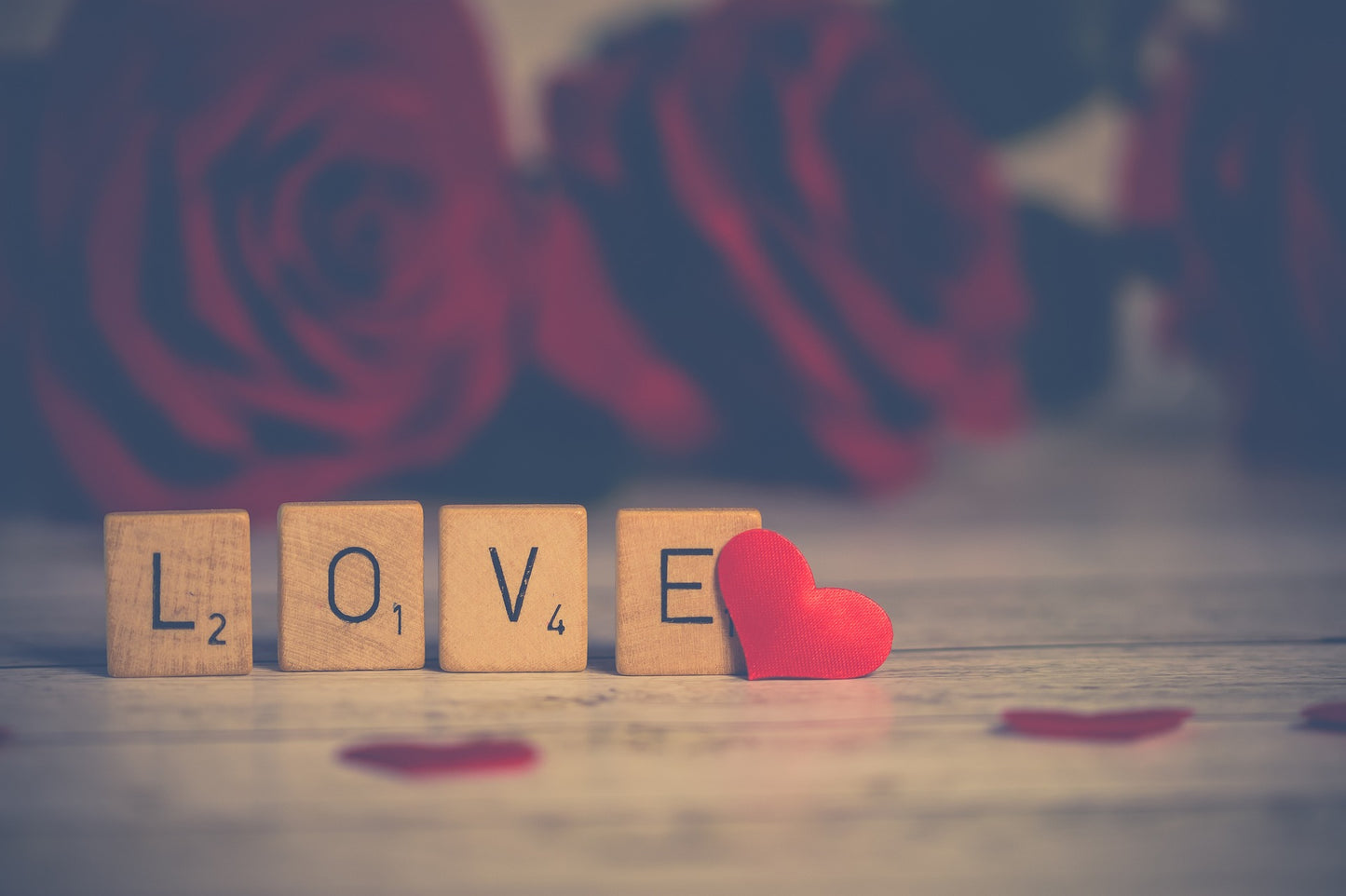 Vier Bauklötze mit jeweils einen Buchstaben die das Wort "Love bilden. Im Hintergrund sind Rosen 